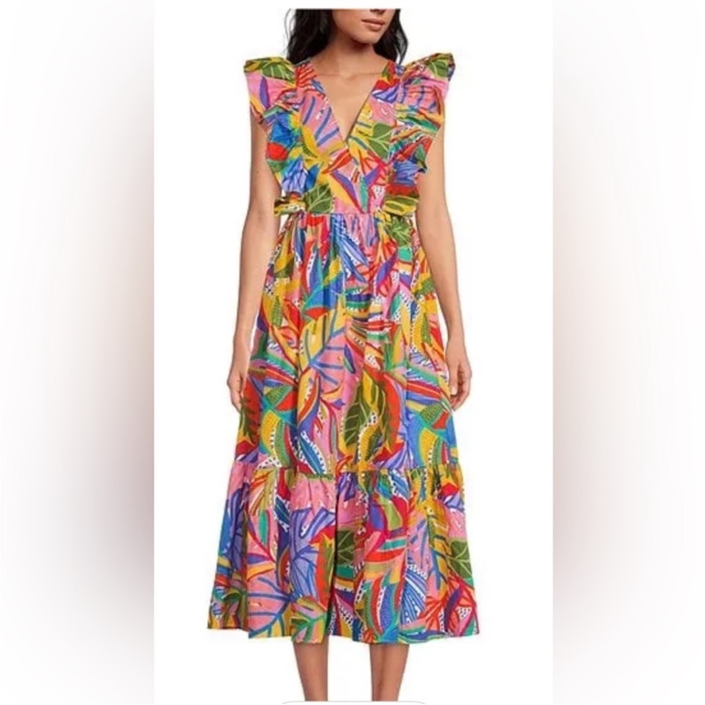 Sugarlips Multi-Color Tropical Print V-Neck Midi Dress